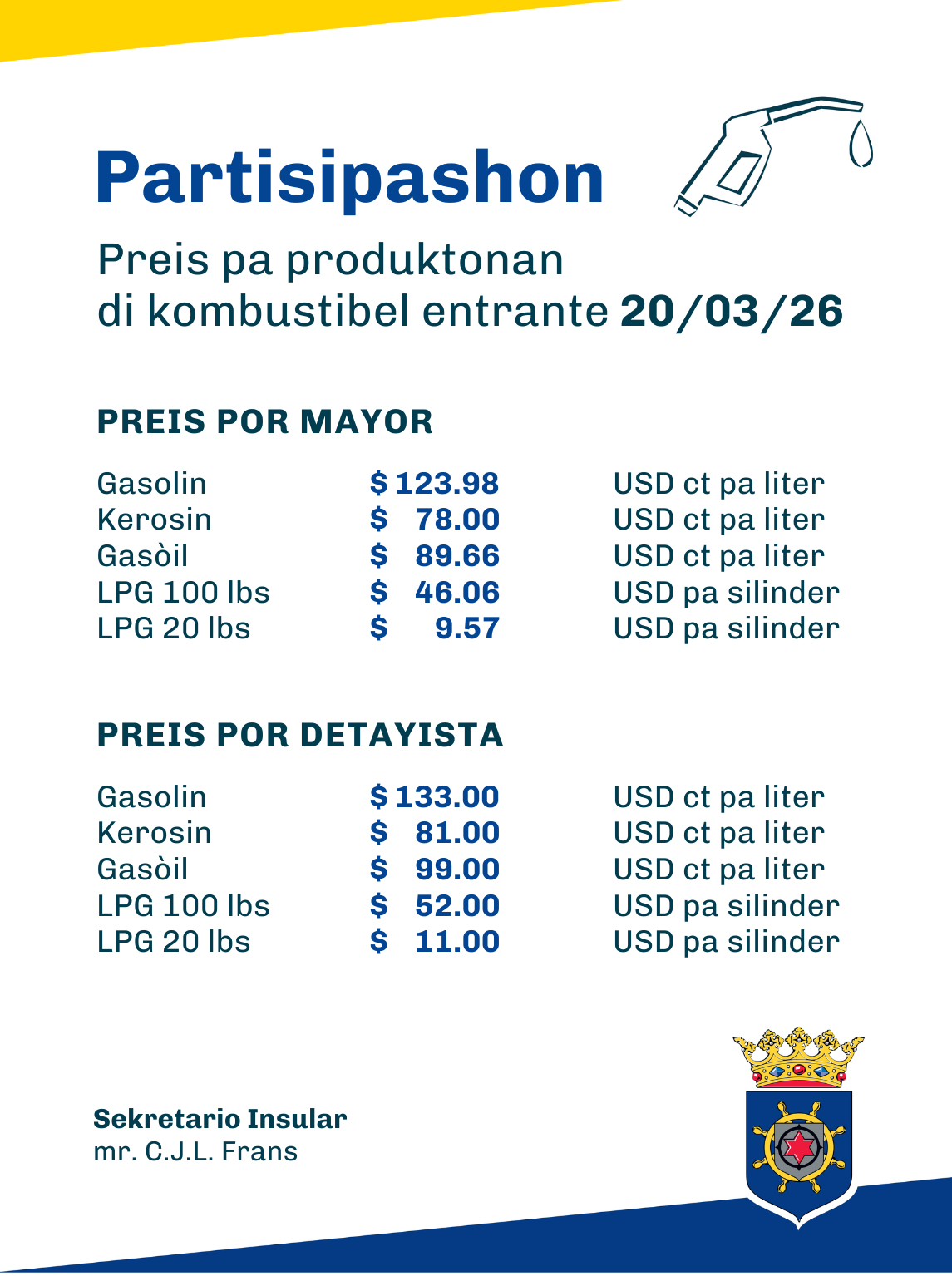 Preis di gasolin i diesel ta subi entrante 20 di mart 2026